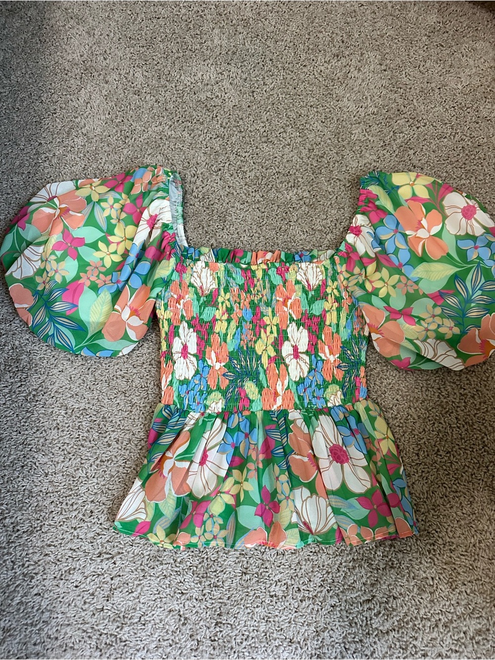Flying Tomato Green Floral Smocked Puff-Sleeve Top